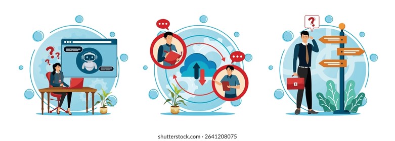 A woman interacting with an AI chatbot interface. Two business professionals engaging in file sharing. Businessman standing near signposts, decision making and selecting the right path among options.