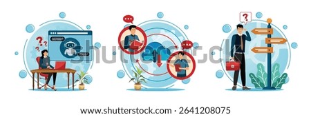 A woman interacting with an AI chatbot interface. Two business professionals engaging in file sharing. Businessman standing near signposts, decision making and selecting the right path among options.
