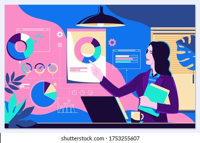 Woman interacting with charts and analysing statistics. Landing page template. Vector illustration