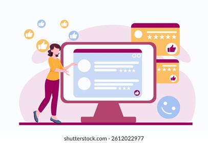 Woman interacting with a computer screen showing user reviews, rating stars, and thumbs-up icons in a flat style on a light background. Concept of feedback. Vector illustration