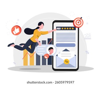 Woman interacting with customer rating system on a large smartphone screen, surrounded by icons and charts, flat style on white background. Concept of user feedback. Vector illustration