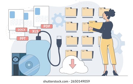 Woman interacting with digital folders, file formats like PDF, DOCX, XLS visible, flat style on white background. Concept of data organization and storage. Vector illustration