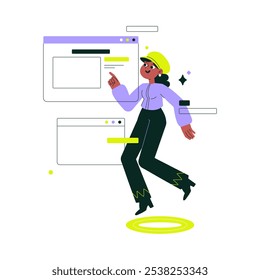 Mujer Que Interactúa Con La Interfaz Digital En La Ilustración vectorial Plana Que Simboliza La Innovación Y El Compromiso Digital, Aislado En El Fondo Blanco