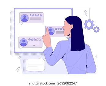 Woman interacting with digital review interface, selecting a five-star user review, flat graphic style, on a white background. Concept of customer feedback. Vector illustration