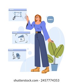 Woman interacting with floating digital interface icons, cartoon simple style vector illustration, isolated on white background, concept of distance education, online classes and technology use