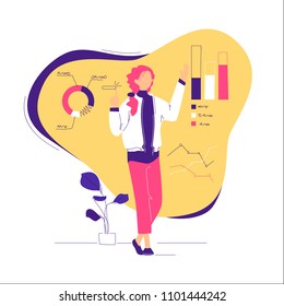 A woman is interacting with graphs in front of her. Business working processes and brainstorming. Vector illustration. 