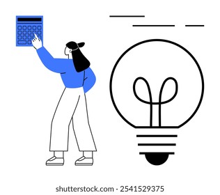 Woman interacting with a large calculator near a giant light bulb representing ideas. Ideal for creativity, innovation, problem-solving, finance, and productivity. Minimalist cartoon style