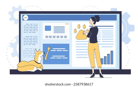 Woman interacting with large computer screen featuring pet-related content, including a dog and digital graphics. Modern flat style on a white background. Vector illustration