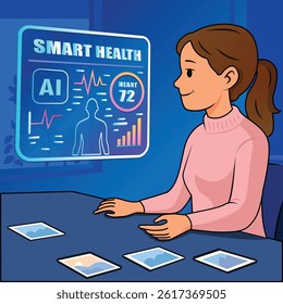 Woman interacting with smart health AI dashboard vector illustration
