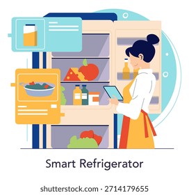 Mujer que interactúa con el refrigerador inteligente usando una tableta. La Ilustración vectorial muestra un refrigerador conectado digitalmente que muestra contenidos y recetas para una planificación eficiente de las comidas.