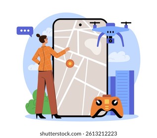 Woman interacting with a smartphone map while a flying drone hovers nearby, with a game controller below, in flat style on white background. Concept of drone tracking. Vector illustration