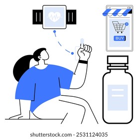 Woman interacting with smartwatch, connecting to online store with shopping cart for medicine purchase. Ideal for healthcare, fitness tracking, online shopping, wearable technology, and digital