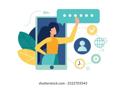 Woman interacting with social media or messaging platforms through smartphone. global communication, digital interaction, and online networking tools, vector flat modern illustration 