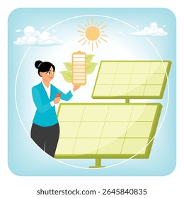 A woman interacting with solar panel technology, showcasing renewable energy, sustainability, and environmentally friendly innovation. Sustainable energy concept.