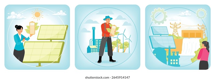 Uma mulher interagindo com tecnologia de painéis solares. Agricultor apresentando um conceito de energia renovável. Uma energia alternativa como painéis solares, usinas hidrelétricas e linhas de energia. Energia sustentável.