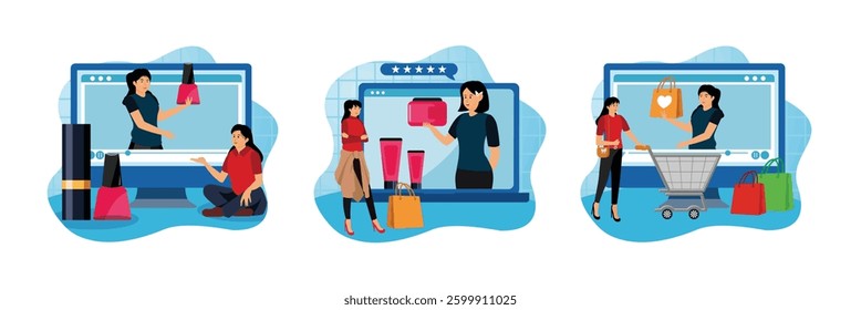 Woman interacting with a video tutorial featuring nail polish products. A customer interacting virtually through an e-commerce platform. Women engaging in online shopping. 