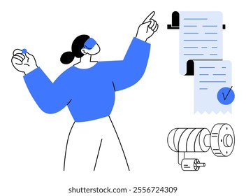 Woman interacting with virtual technology in blue attire, digital documents with a checkmark, and a technical gear component. Ideal for technology, innovation, virtual reality, documentation