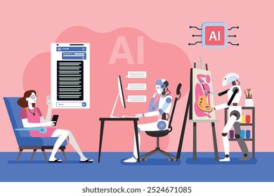 A woman interacts with AI on her smartphone as robots engage in creative work nearby. This vector representing future technology and AI’s influence on everyday life and artistic tasks
