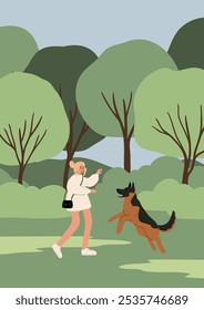 A woman interacts with a playful German Shepherd in a park. The dog is mid-jump, while the woman gestures. The setting includes lush green trees and bushes in the background. Flat vector illustration.