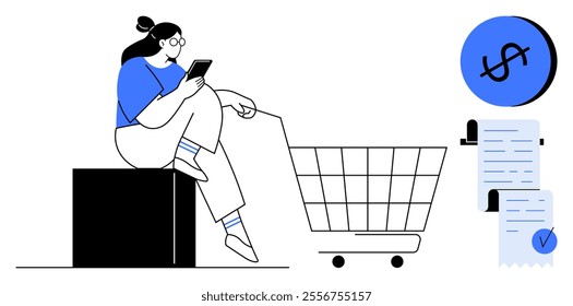 Woman interacts with smartphone next to a shopping cart. Receipts and dollar icon suggest an online or digital shopping theme. Ideal for e-commerce, mobile shopping, online payments, digital