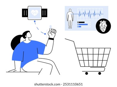 Woman interacts with wearable device tracking health data like heart rate. Graph and human body display biometric info. Empty shopping cart symbolizes online integration. Ideal for telemedicine