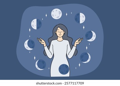 Woman is interested in astrology and follows phase of moon for esoteric practices and studying influence of cosmos. Girl astrologer near fullmoon or crescent moon, closes eyes and meditates