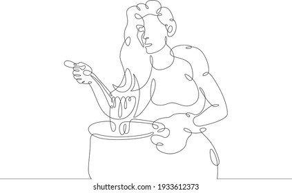 Woman interferes ladle dish in a large saucepan. The girl is eating food. Woman eating. Portrait of the character of the food. One continuous drawing line  logo single hand drawn art doodle