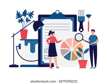 Woman interior designer offers concept of interior decoration of home. Modern design for house, plan of renovation, repair and construction works for housing. Vector illustration