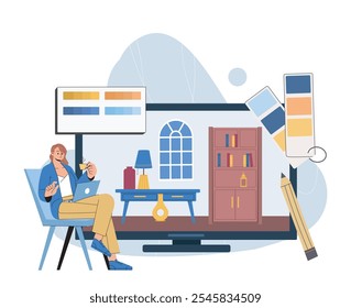 Woman interior designer. Young girl with laptop look at table and closet with things. Furniture and elements of decor and interior. Comfort and coziness in apartment. Flat vector illustration