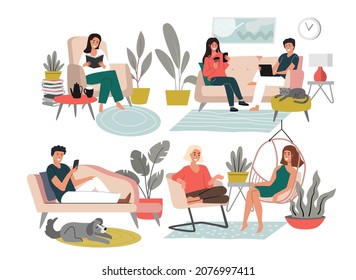 Woman in interior relax and talk female vector set.