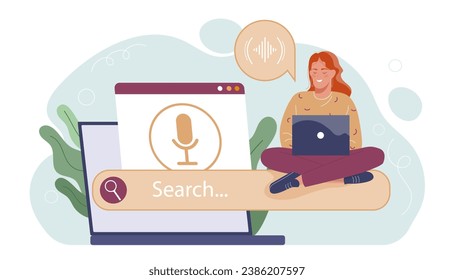 Woman with internet search concept. Young girl with audio messages. Modern technologies and innovations. Online information. Cartoon flat vector illustration isolated on white background