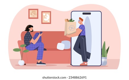 Woman with internet supermarket concept. Young girl with smartphone buying groceries. Delivery person and courier with bags with products. Shop or store. Cartoon flat vector illustration