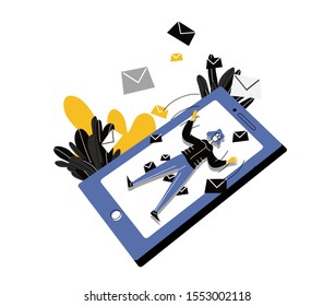 Woman internet user lying on screen of giant mobile phone and letters in envelopes falling on her. Spam, unwanted or unsolicited messages. Colorful vector illustration in modern flat style.