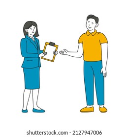 A woman is interviewing a man. Introduction to information. Colleagues. A conversation between two people.