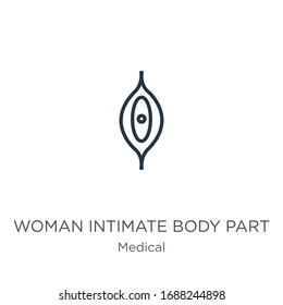 Woman intimate body part icon. Thin linear woman intimate body part outline icon isolated on white background from medical collection. Line vector sign, symbol for web and mobile