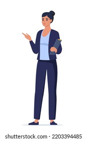 Woman introduce, show and present something. Business speaker standing with clipboard and pointing direction, gesturing with arm. Female presenter. Vector illustration