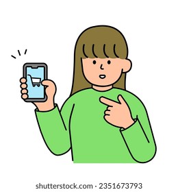 Woman introducing a shopping app, Marketing concept. Simple vector illustration.