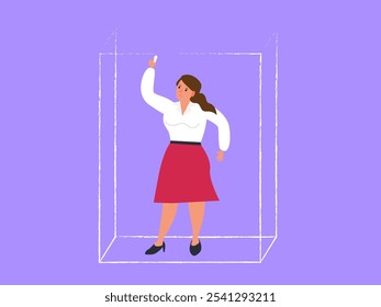 woman introvert  drawing rectangle box around herself comfort zone personal boundary vector illustration