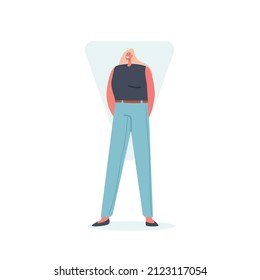 Woman with Inverted Triangle Body Shape Posing in Blue Jeans and Black Top, Female Character Figure Type with Wide Shoulders and Narrow Hips Isolated on White Background. Cartoon Vector Illustration