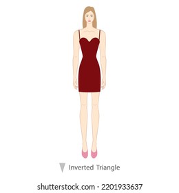 Woman Inverted Triangle Body Shape Character In Dress. Female Vector Illustration Silhouette 9 Nine Head Size Lady Figure Front View. Vector Isolated Outline Girl For Fashion Sketching, Illustration