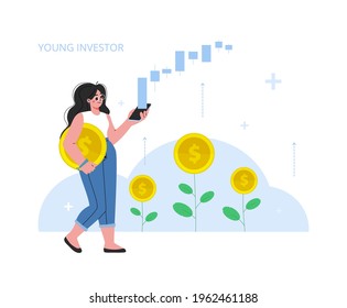 The woman invest in stock market, income money, rising rate, profit, young generation.Modern flat vector illustration. A young girl look at her phone and watches the exchange rate go up.
