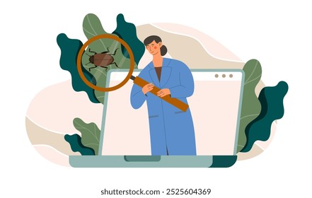 Mujeres investigan insectos. Chica joven con lupa evalúa el insecto. Biología y zoología. Naturalista realizando investigaciones. Ilustración vectorial plana aislada sobre fondo blanco