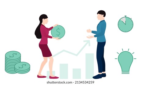 woman investing in bright idea and time, business concept character vector illustration on white background with objects like coins, bulb, clock and graph. 