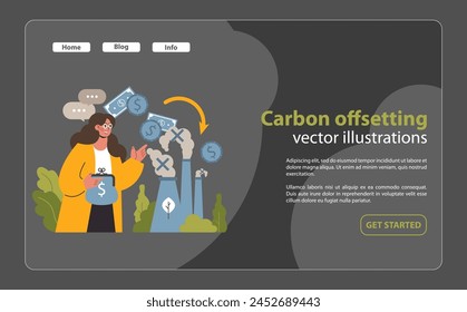 Woman investing in carbon offsetting, funding eco projects to balance emissions from factories. Environment-conscious financial move. Flat vector illustration.