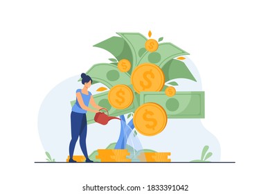 Woman investing and getting profit. Money, finance, watering plant. Flat vector illustration. Investment concept can be used for presentations, banner, website design, landing web page