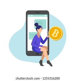 Woman investing gold bitcoin using smartphone app, flat minimalist styling. Vector illustration of capital flow, earning money, financial savings.