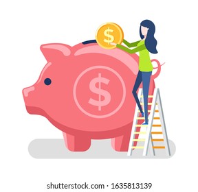 Woman investing money for future vector, isolated pig with dollar sign, lady with american coin standing on ladder, isolated person flat style investor