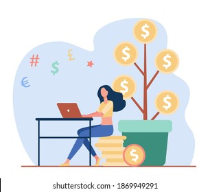 Woman investing money. Investor using computer, growing cash tree flat vector illustration. Trading, finance, investment concept for banner, website design or landing web page