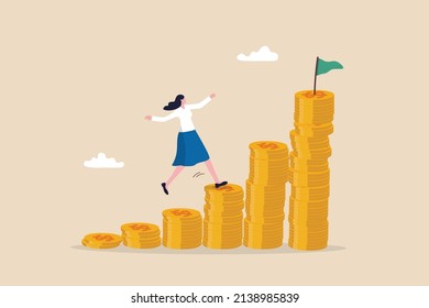 Woman investing, savings or investment for lady or female, growing wealth with compound interest, earning or profit concept, success woman investor step on money coins stack to reach financial goal.