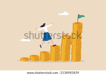 Woman investing, savings or investment for lady or female, growing wealth with compound interest, earning or profit concept, success woman investor step on money coins stack to reach financial goal.